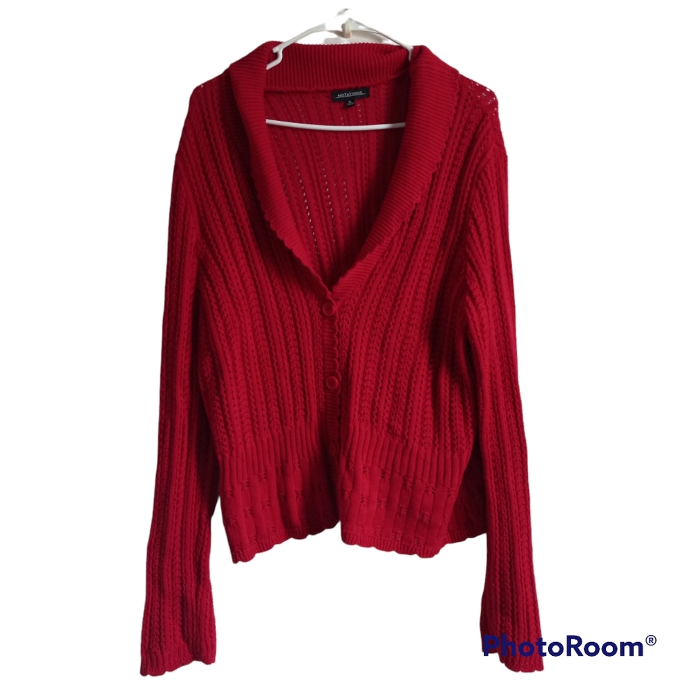 Notations Red Cranberry Cardigan Sweater Lace Crochet sz XL